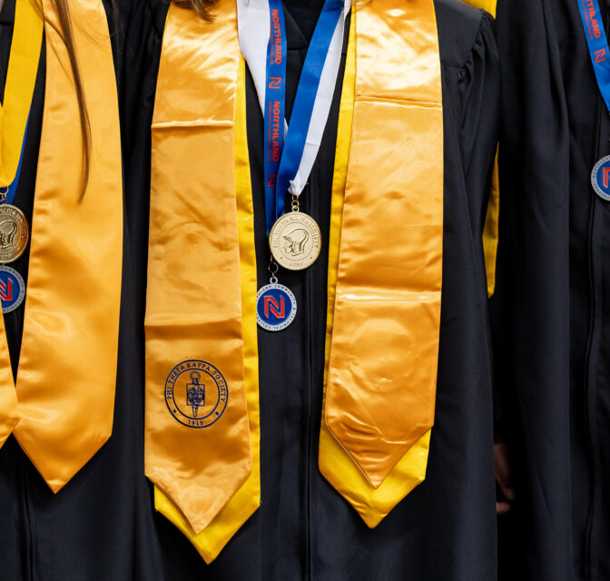 Graduates celebrate during Northland Community & Technical College’s commencement ceremony at the Chester Fritz Performing Arts Center in Grand Forks, N.D.