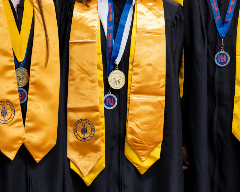 Graduates celebrate during Northland Community & Technical College’s commencement ceremony at the Chester Fritz Performing Arts Center in Grand Forks, N.D.