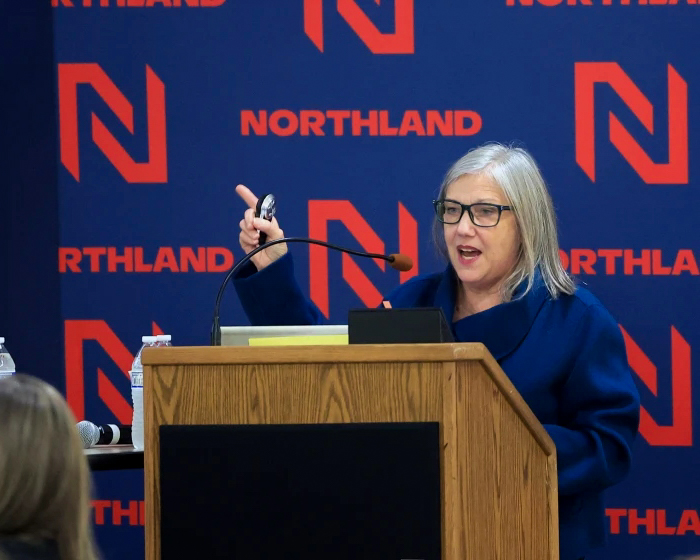 Northland Community and Technical College President Dr. Shari Olson makes a point during the 2025 NCTC State of the College event in East Grand Forks.