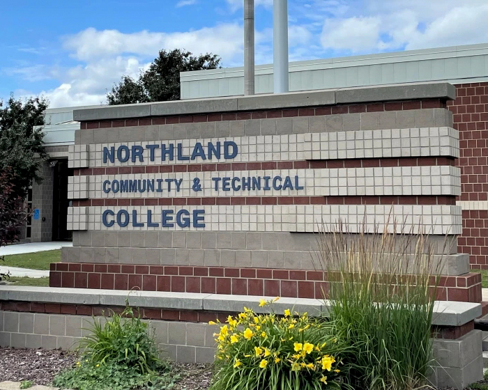 A sign welcomes visitors to Northland Community & Technical College's Aerospace campus in Thief River Falls, Minnesota