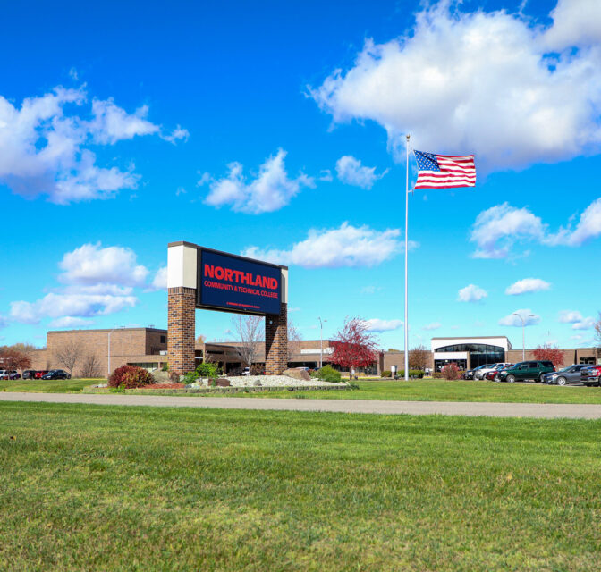 Thief River Falls campus with Northland sign